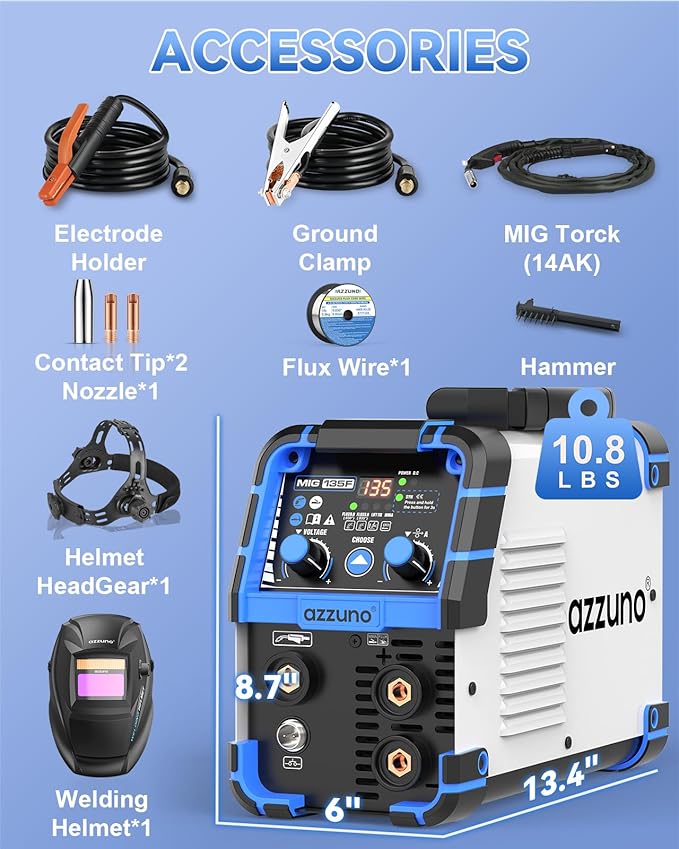 AZZUNO MIG Welder 135A 110V, 3 in 1 Flux Core Gasless MIG Welder/Lift TIG/Stick Welding Machine, Portable Wire Feed Welder Machine with Auto Darkening Welding Helmet