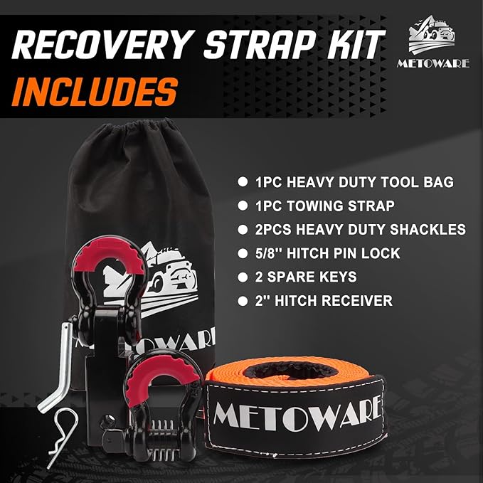 METOWARE Heavy Duty Tow Strap Recovery Kit - 3" x 20ft(35,000lbs) Tree Saver Winch Strap + 3/4" D Ring Shackles(2pcs) +2"Shackle Hitch Receiver + 5/8 Hitch Pin + Storage Bag - Truck, SUV, ATV Off Road