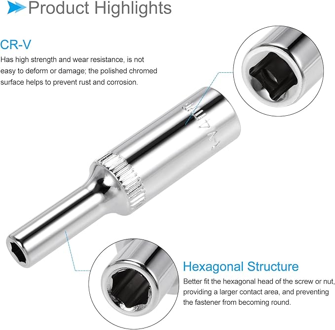 6-Point Socket, 1/4" Drive 4mm Deep, Polished Chromed CR-V Metric Deep and Shallow Impact Socket - (Applications: for Ratchet Torque Electric Wrenches Car Repair), 2-Pieces
