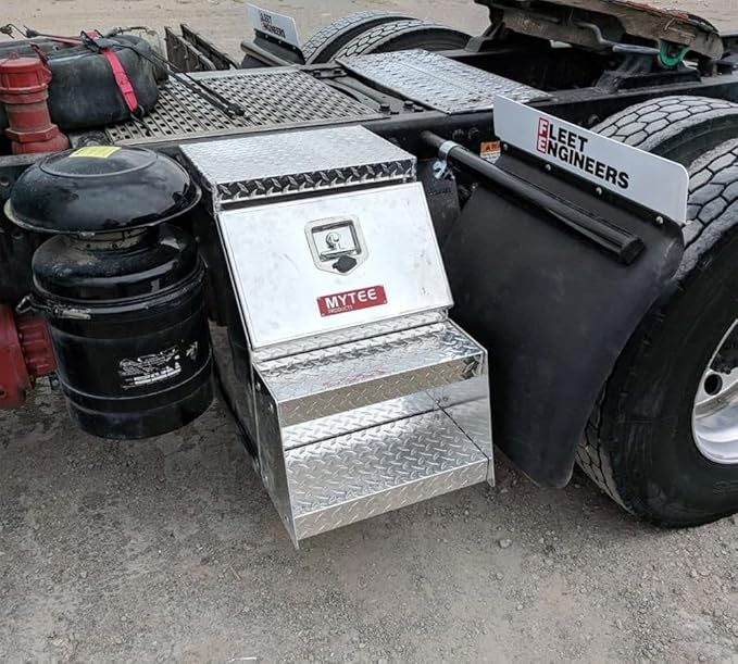 Mytee Products 24.5"x28.4"x18" Aluminum Side Mount Semi Truck Tool Box with Saddle Step Open Wide Design & T-Handle Latch Lock - Heavy Duty Weather Tight Step Tool Box for Flatbed Trailer