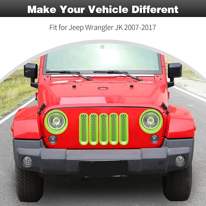 CheroCar for JK Mesh Grille Grill Insert & Headlight Cover Trim Exterior Accessories for Jeep Wrangler JK 2007-2017,Light Green…