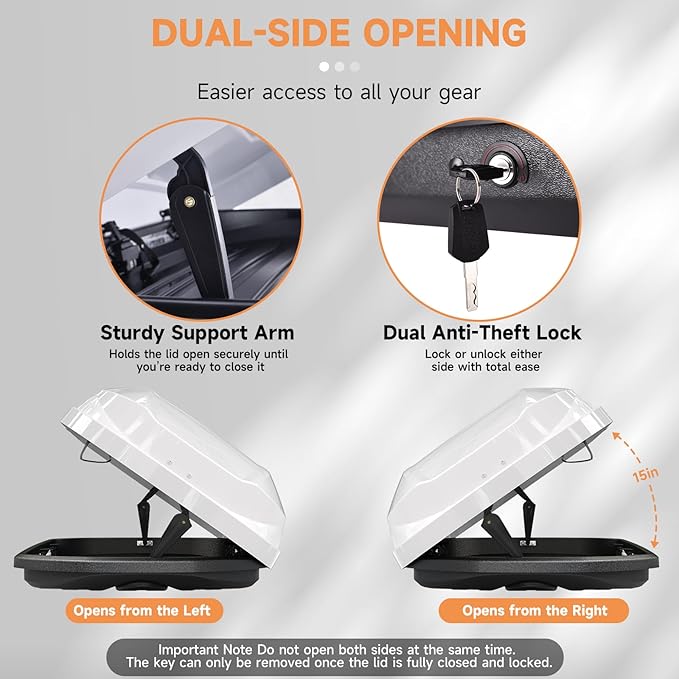 Roof Cargo Box, Dual-Side Opening Design, 14 Cubic Feet Capacity, Waterproof Hard-Shell Storage Box, Includes Straps and Spare Key,Ideal for Travel and Luggage Transport,White (W62)