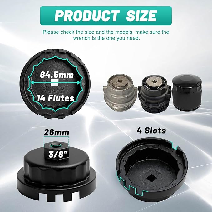 64.5mm Oil Filter Wrench: 15620-31060, 15620-36010, 90915-YZZN1, 04152-YZZA1Oil Filter Removal Tool Compatible with Toyota Camry RAV4 4Runner Tacoma Lexus 2005-2021, 14 Flutes 4 Slots (Black)