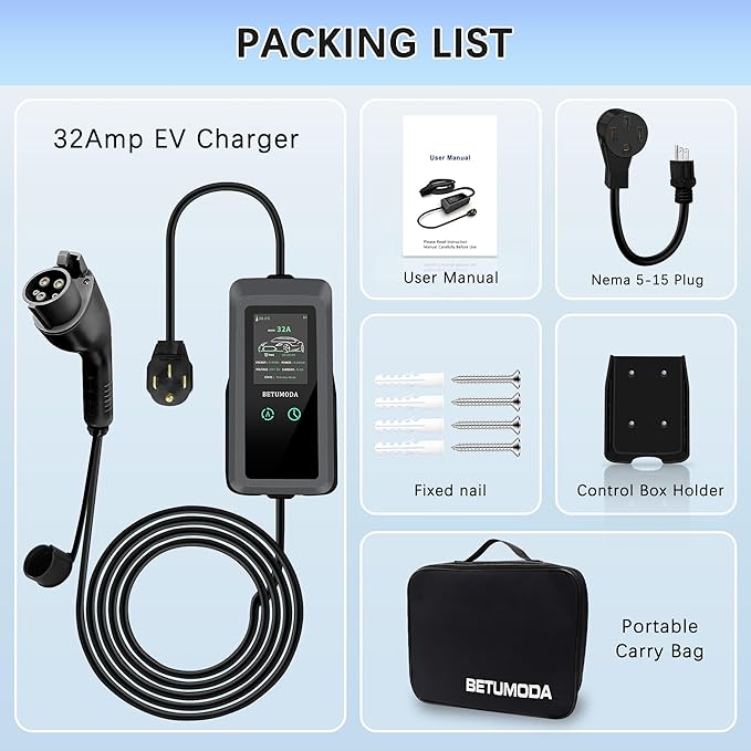 Level 1 & 2 EV Charger, 32A Portable Electric Car Charger with NEMA 14-50 & 5-15 Plugs, 110-240V, 25FT, Adjustable Current & Delay Timer, J1772 for Home/Travel