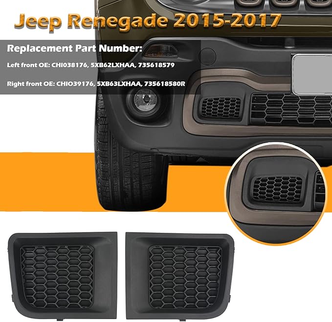 Front Lower Bumper Grille Insert Bezel Covers, Pair Set Replacement for 2015-2017 Jeep Renegade