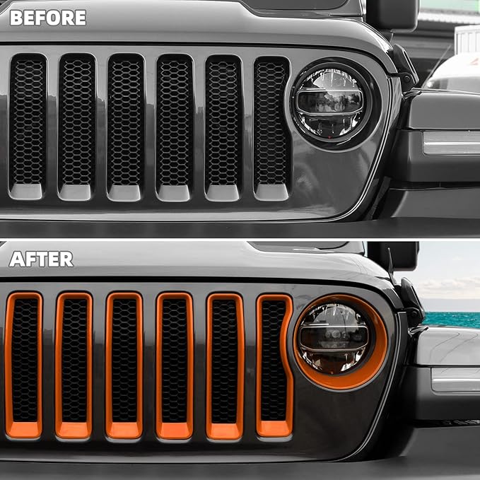 Grille Grill Insert+Headlight Turn Light Cover Compatible with 2018-2023 Jeep Wrangler JL JLU Sport/Sport S Only,Not for Sahara,Rubicon 4xe(Orange)