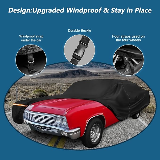 Car Cover for Chevy Caprice 2/4 Door Biscayne/Coupe/Sedan 1966-1996, Waterproof 210D Oxford Cloth and Cotton Cover Outdoor Full Car Covers with Zipper Windproof Heavy Duty All Weather Protection