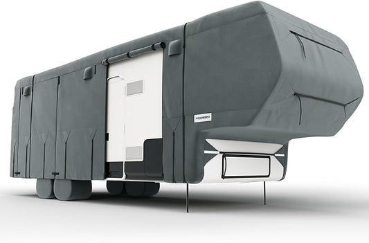 KING BIRD RV Cover, Heavy Duty 5-Layer Snow Protection, Fits 29-33ft 5th Wheel Campers, with Adhesive Repair Patches,Windproof Straps&Tire Covers