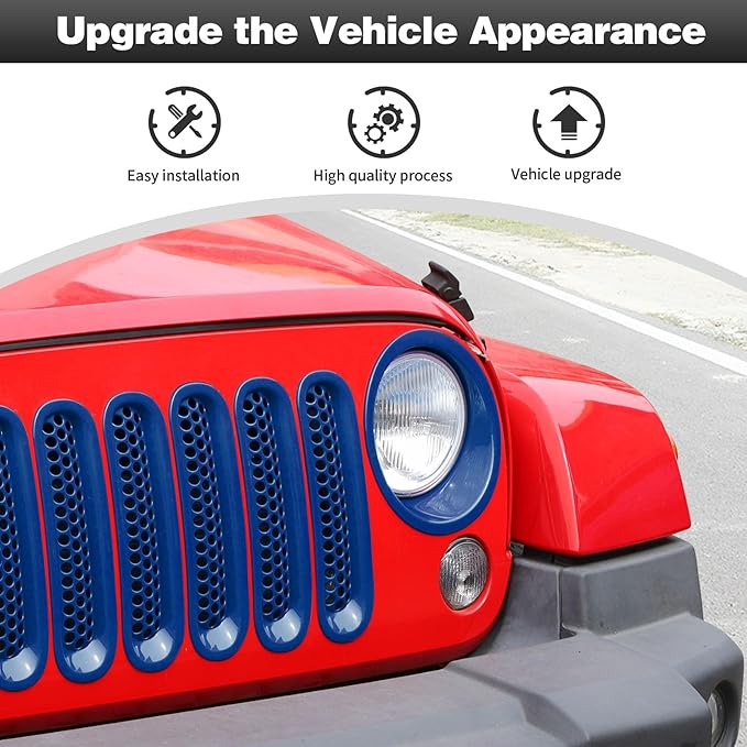 CheroCar for JK Mesh Grille Grill Insert & Headlight Cover Trim Exterior Accessories for Jeep Wrangler JK 2007-2017,Blue…