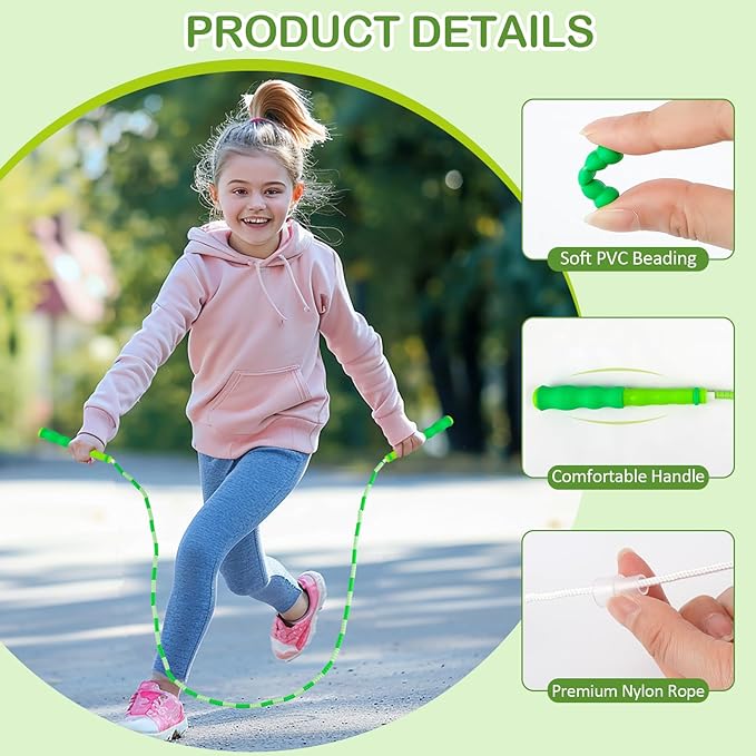 Jump Rope for Kids, Adjustable Jump Ropes for 4 5 6 7 8 10 12, Tangle Free Jumping Rope Age 8-12, Segmented Soft Beaded Skipping Rope for Women Fitness