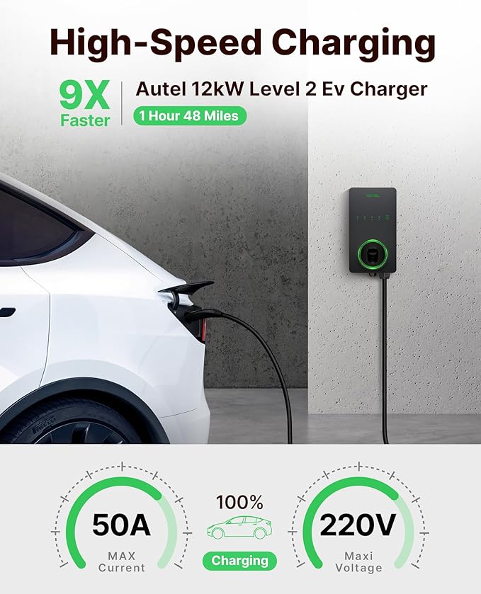 Autel Level 2 Home Smart EV Charger NACS, Up to 50Amp, Hardwired 240V EV Charge Station, Indoor/Outdoor Car Charging Station, Flexible 25-Foot Cable, Compatible with Tesla