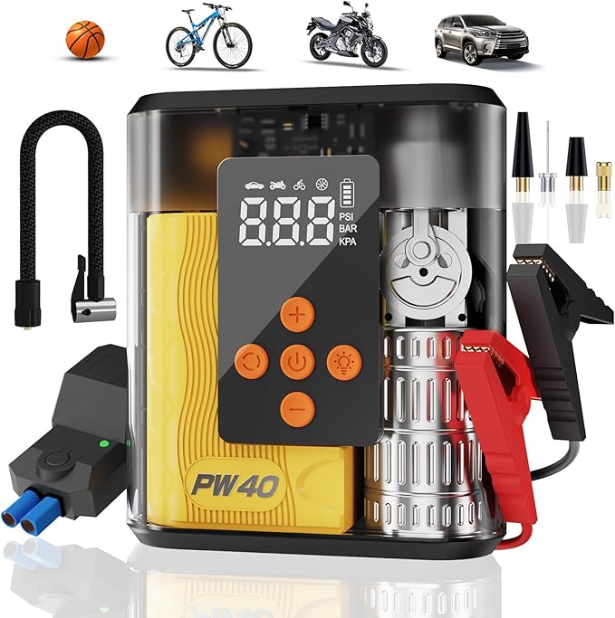 Jump Starter with Air Compressor, 4000A Peak Car Battery Charger, 200 PSI Tire Inflator, Heavy Duty Power Pack for Up to 9.0L Gas, 8.0L Diesel Engines, LED Light, USB Ports, Emergency Road Kit