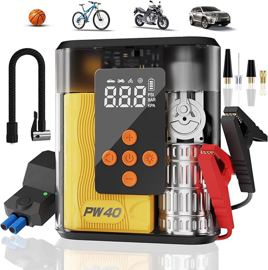 Jump Starter with Air Compressor, 4000A Peak Car Battery Charger, 200 PSI Tire Inflator, Heavy Duty Power Pack for Up to 9.0L Gas, 8.0L Diesel Engines, LED Light, USB Ports, Emergency Road Kit