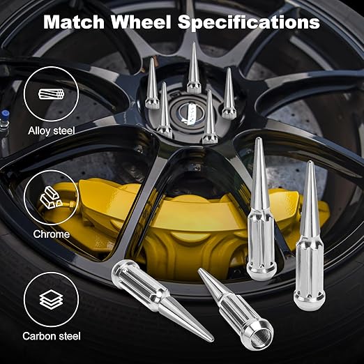 1/2‘’-20 Lug Nuts, Set of 24 Chrome Spline Spiked Lug Nut with Key for Chevrolet Silverado 1500, Ford F-150 1997-2024, Dodge Ram 1500 1994-2024, Toyota Tacoma 1995-2024