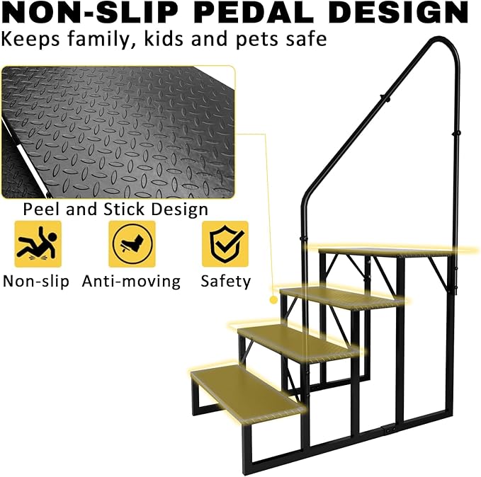 RV Steps with Handrail, Hot Tub Steps Outdoor, 4 Step Ladder Stool, RV Stairs with Anti-Slip Panel, Camper Steps for Spa, Travel Trailers, Pool and Porch
