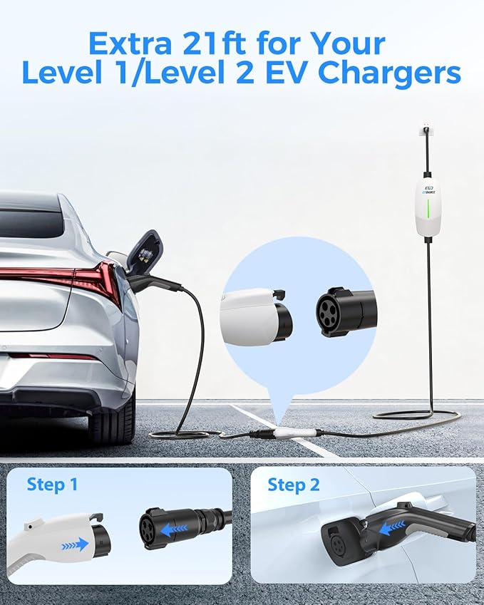 EV Charger Extension Cable, 21ft 50Amp J1772 Extension Cable Compatible with 110V-240V SAE J1772 EV Chargers, Suitable for J1772 EVs/PHEVs, Level 1/ Level 2 IP66 Car Charger Extension Cord with Bag