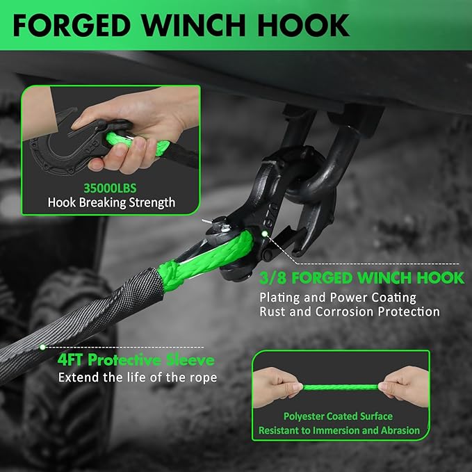Synthetic Winch Rope, 3/8'' x 85ft 25,000LBS Synthetic Winch Line 3/8 Winch Cable Replacement Synthetic Rope with Forged Winch Hook for 4WD Off Road Vehicle SUV Truck(Green)