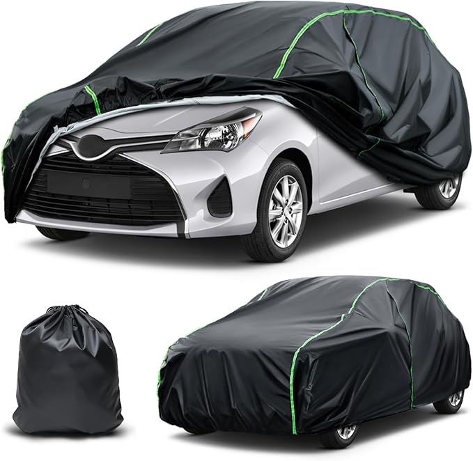 Waterproof Car Cover Compatible with Sonic/Accent/Veloster/Mirage/Prius c All-Weather Protection, 157"-165" Hatchback PEVA Car Cover with Zipper Door