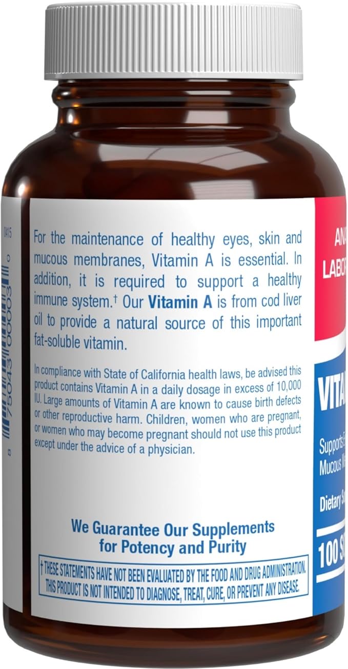 Vitamin A 10000 IU Softgels - Clinical Formula Vitamin A Supplement from Cod Liver Oil with Broad Spectrum Retinoids for Eye Care Vision Support & Reproductive Health - Made in The USA - 100 Servings