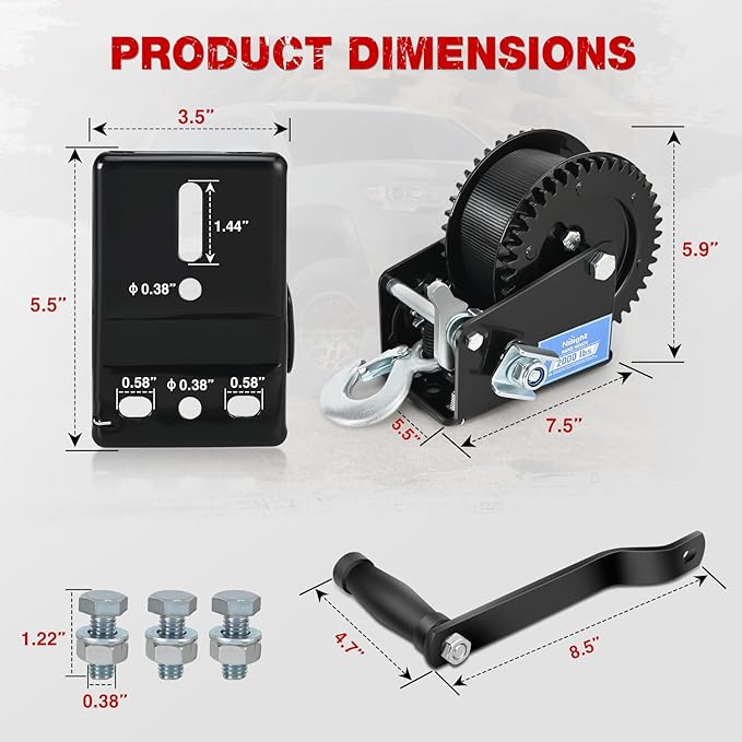 Nilight Boat Trailer Winch 2000 Lbs Hand Crank Winch Heavy Duty Boat Winches with 23Ft Strap Rope Hook 2-Way Ratchet 4:1 Gear Portable Marine Manual Winch for Trailers Boats RV ATV Jet Ski Towing
