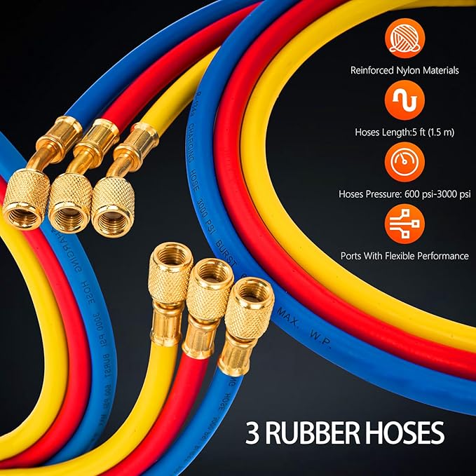 4.5 CFM AC Vacuum Pump and Gauge Set,for Mini Split/HVAC/Auto Systems,Manifold Gauge Kit Fits R134a R22 R410a R404a,with Leak Detector,Upgraded Trifold Storage Case,3 Hoses,R134a Can Tap