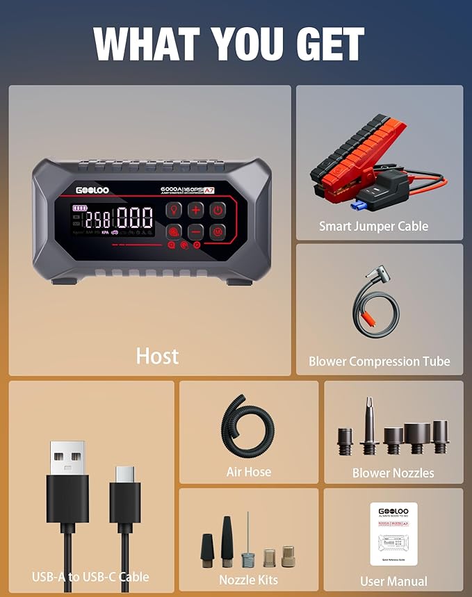 GOOLOO A7 Jump Starter with Air Compressor, 6000A &160PSI 12V Car Battery Jumper Starter Portable Booster Pack, 12-in-1 Jump Box (All Gas & 10L Disel) with Tire Inflator & Air Pump(Inflate& Deflate)