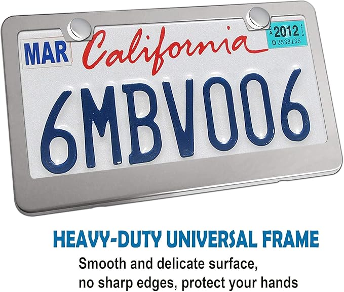 BGGTMO Stainless Steel License Plate Frames- Heavy Duty Metal Car Tag Cover for Front & Rear, 2 Pack Slim Holders with Chrome Screws Caps for Women/Men, Rust/Rattle Proof Pads, Tire Valve Stem Caps