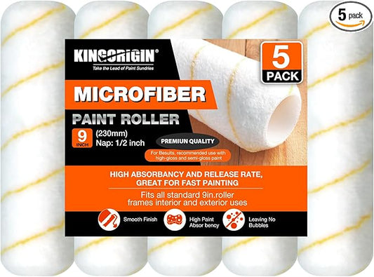 King Origin 9 Inch Microfiber Paint Roller Covers 1/2 Nap - Professional Wall & Ceiling Paint Supplies, 5-Pack Paint Roller Naps for Roller Frame, No Drip Painting Tools for Home