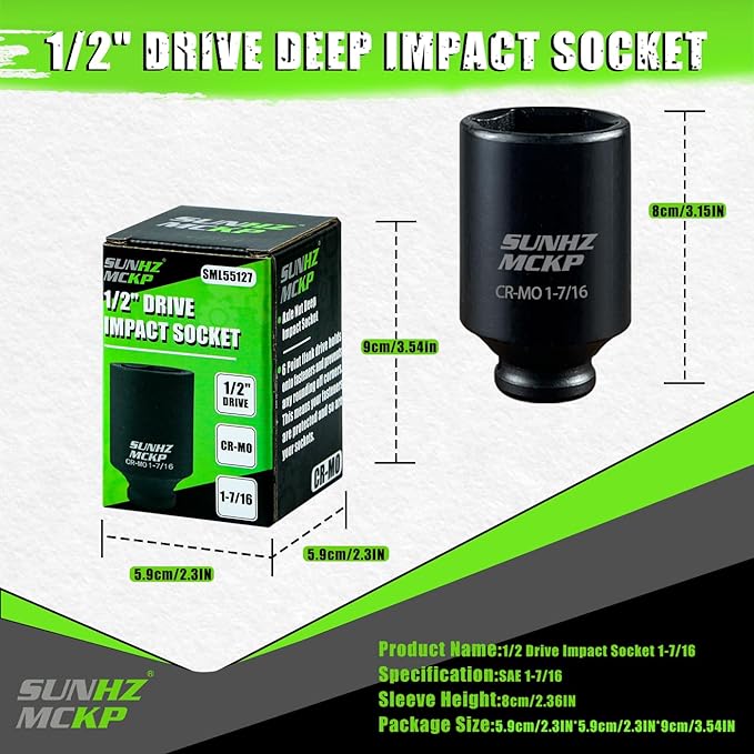 SUNHZMCKP 1/2 Impact Socket, SAE 1-7/16 In Deep 6 Point Socket, CR-MO, Axle Nut Impact Grade Socket for Easy Removal (SAE 1-7/16)