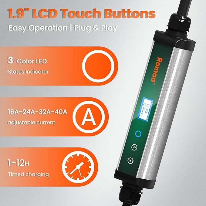 Romaa Level 2 EV Charger 40A EV Charger 240V 9.6kW Fast Charging, App Control, NEMA 14-50 Plug & 25ft J1772 Charging Cable, Indoor/Outdoor Portable EVSE for Home, ETL/FCC Certified