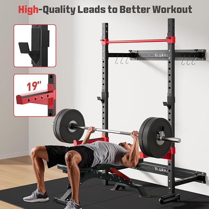 Folding Power Rack, Wall Mounted Squat Rack with Pull Up Bar, 980 Pounds Capacity, with J-Cups, Spotter Arms, Dip Bars, Landmine for Full Body Workout