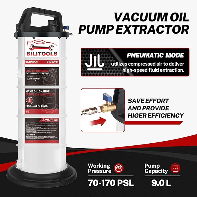 BILITOOLS 9L Pneumatic Oil Extractor Pump, Vacuum Fluid Extractor for Automotive Engine Oil Change Large Capacity 2.4 Gallon for Boat Marine Jetski ect.