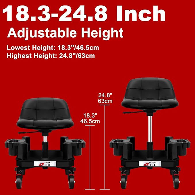 Rolling Stool with Wheels, Adjustable Shop Stool Mechanic Seat, Garage Shop Roller Work Chair, Mobile Rolling Seat with Tool Tray, 2 Cup Holders, 4" Casters, 350 LBS, Heavy-Duty, Black