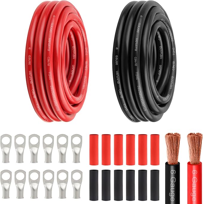 6 Awg Battery Power Cable -15FT Red + 15FT Black 6 Gauge Flexible Welding Cable OFC Copper Wire with Lugs Terminal Connectors and Heat Shrink Tube for Automotive, Battery, Inverter,Boat and Generator