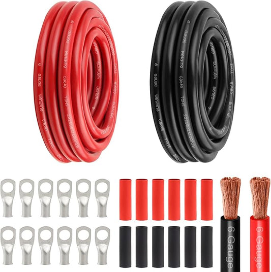 6 Awg Battery Power Cable -15FT Red + 15FT Black 6 Gauge Flexible Welding Cable OFC Copper Wire with Lugs Terminal Connectors and Heat Shrink Tube for Automotive, Battery, Inverter,Boat and Generator