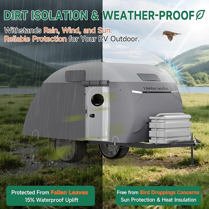 Umbrauto Teardrop Travel Trailer Cover Fits 5'-8' Trailers, 7 Layers Top Heavy Duty Waterproof Camper Cover with Windproof Strap for R-Pod Trailers, Clamshell Trailers