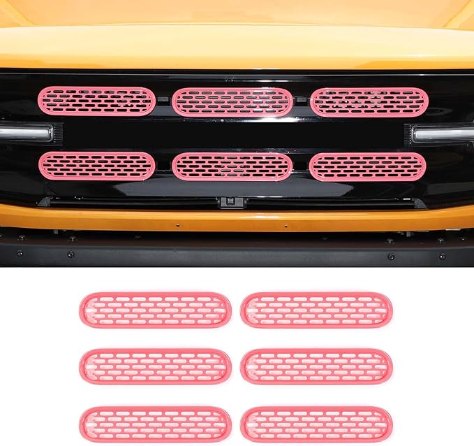 Front Grill Mesh Grille Inserts Cover Frame Trims Kit 6Pcs Fit for Ford Bronco 2021-2024 2/4 Door Exterior Accessories (Pink)