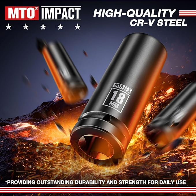 MTO 1/2" Drive 18mm Deep Impact Socket, 6-Point Metric Socket for Automotive Maintaince, CR-V Steel Meets ANSI Standards