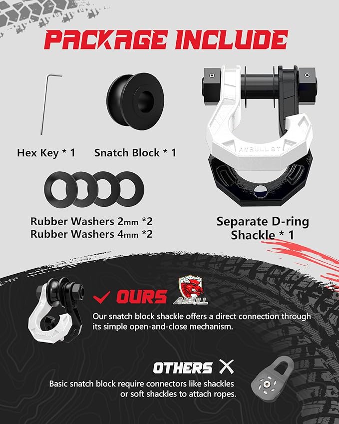 D Ring Separate Shackle with Snatch Block, 3/4" Easy Open Shackles w/Snatch Block Pulley, Heavy Duty Shackle for Towing Winch, Pulley for Off-Road Vehicle Recovery, Truck, ATV, UTV, Blackwhite
