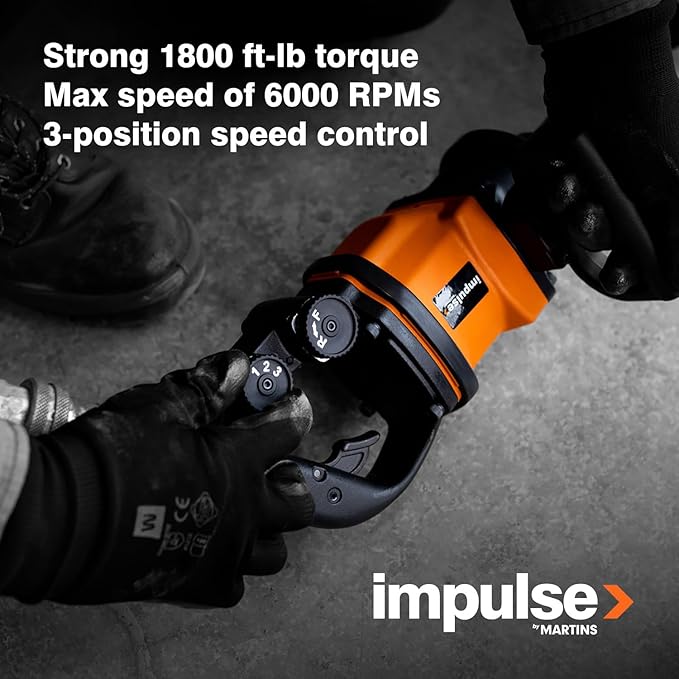Martins Industries Impulse 1" Truck Impact Wrench 1800 ft-lb, Super Light Weight at 15.6 lb, Ergonomic Handle and Rubber Rest, 3-Speed, Twin Hammer Mechanism, Forward-Reverse