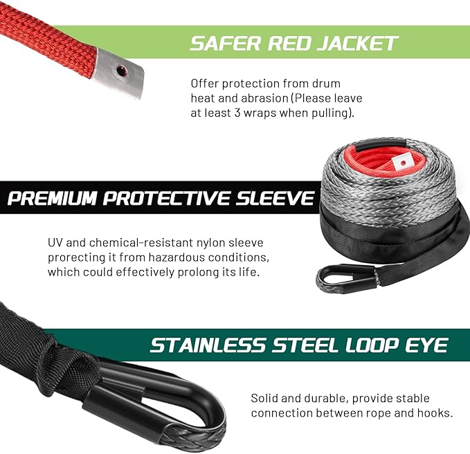 3/8 Inch x 80 Feet Synthetic Winch Rope, 24000Lbs Synthetic Winch Line Cable Rope with Protective Sleeve for Off Road Vehicle SUV Gray