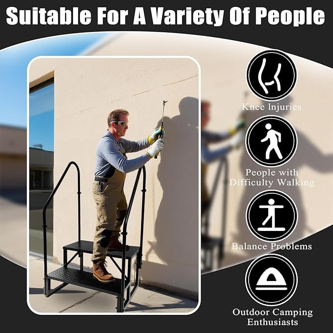 RV Steps with Handrails, 2 Step RV Stairs 660 lbs Load Capacity, Step Ladder with Anti-Slip Panel, Mobile Home Stairs for Travel Trailers