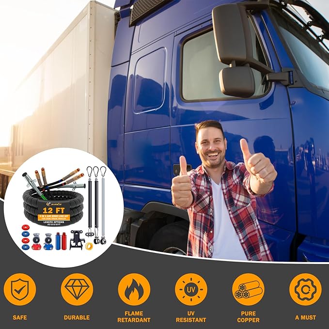 12 FT Semi Truck Air Lines Kit with 3 Pcs Tender Spring Kit and Glad Hands with Gladhand Holder & Handles 3IN1 Trailer Cord and Air Hoses Assembly for Truck Trailer Tractor