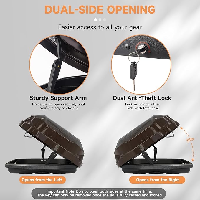 Roof Cargo Box, Dual-Side Opening Design, 14 Cubic Feet Capacity, Waterproof Hard-Shell Storage Box, Includes Straps and Spare Key,Ideal for Travel and Luggage Transport, Brown(Br62)