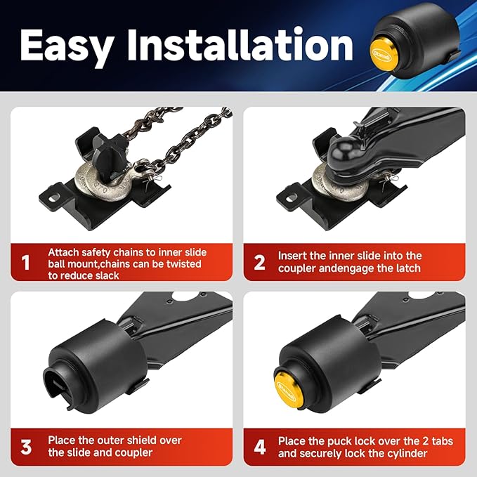 Trailer Lock Fits 2 5/16 Inch Coupler, Upgraded Heavy-Duty Steel Hitch Lock, Anti-Theft & Pry-Resistant for RV, Boat, Cargo Trailer (Yellow)