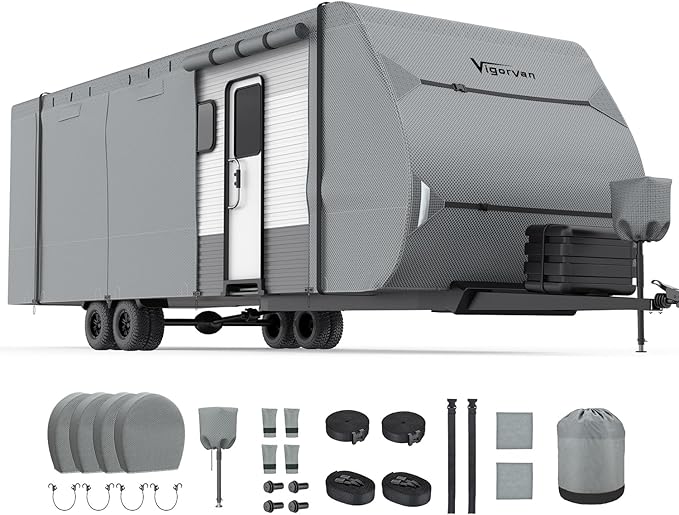 RV Cover Vigorvan Upgrad 7 Layers Top Camper Cover Windproof Travel Trailer Cover for 20-22FT RV, Toy Hauler Cover with Tongue Jack Cover, Extra Windproof Ropes, Gutter Covers