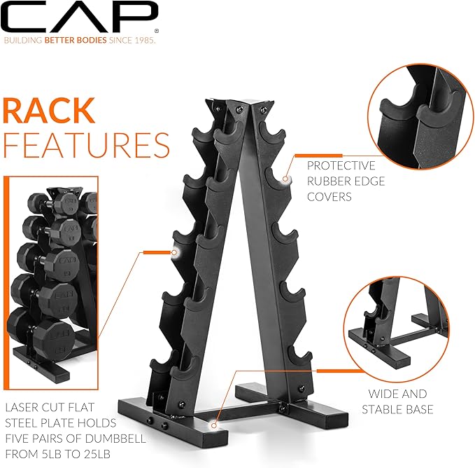 CAP Barbell Rubber Coated Dumbbell Weight Set with Vertical Rack | 100 lb, 150 lb, and 210 lb Options