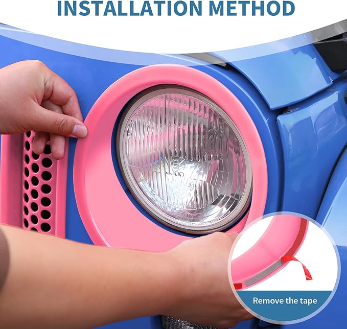 for Jeep JK Front Grille Inserts & Headlight Cover Trim Ring for Jeep Wrangler JK JKU 2007-2017 Pink Exterior Accessories 9pcs