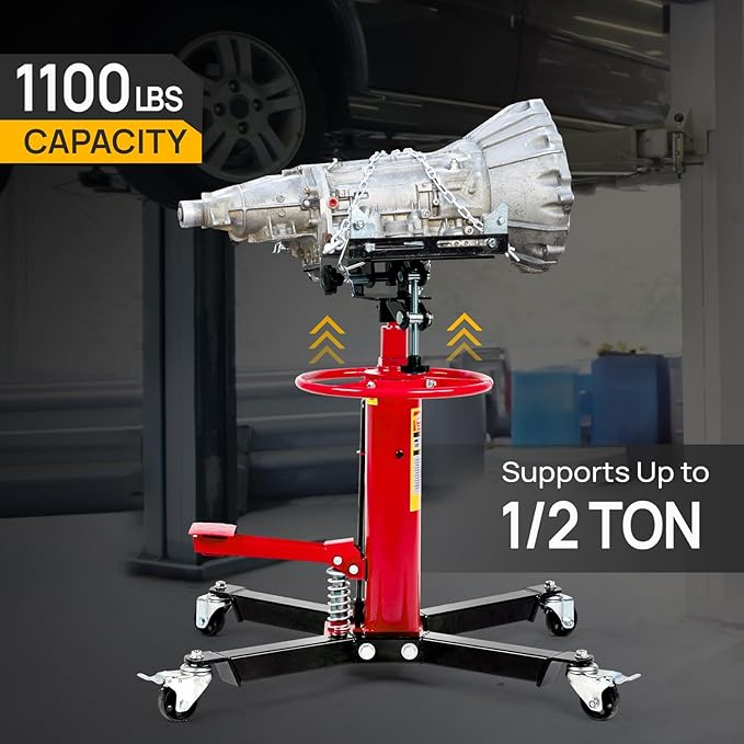 TUFFIOM Transmission Jack, 1100 lbs 1/2Ton Hydraulic 2-Stage High Lift Vertical Telescoping Floor Jack Stand, 34" to 68" Lifting Range, w/Pedal, 360° Swivel Wheels, Garage/Shop Lift Hoist, Red