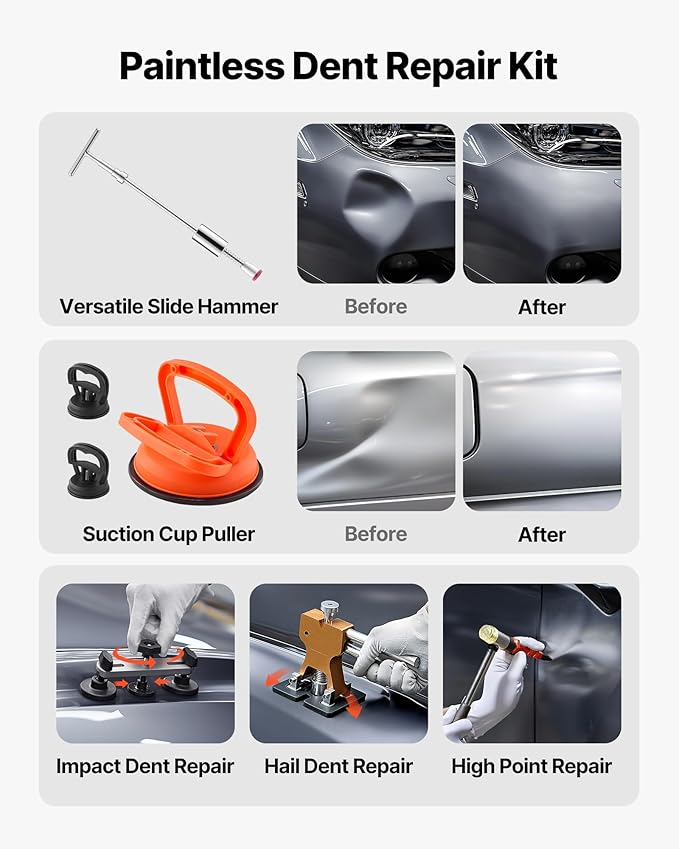 VEVOR Dent Puller Kit, 100 PCS Paintless Dent Removal Kit with Golden Lifter, Bridge Puller, Slide Hammer T-Bar, Glue Gun, Auto Body Hail Damage Remover Tools for Car Refrigerator Door Ding Repair